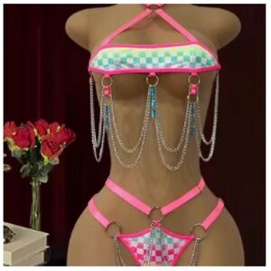 Vibrant Pink and Green Checkered Bikini with Chain Details